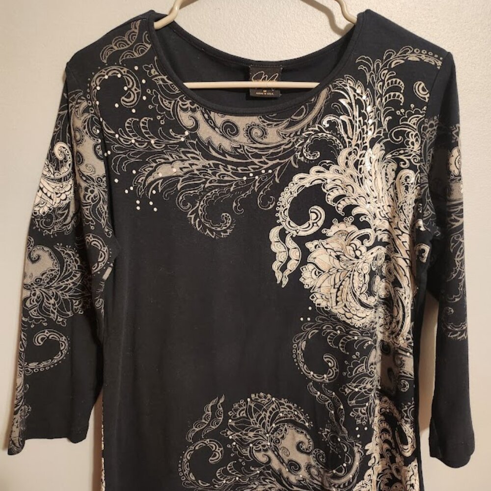 Katina Marie 3/4 sleeve Y2K Paisley Black Silver Wearable Art Whimsigoth Medium